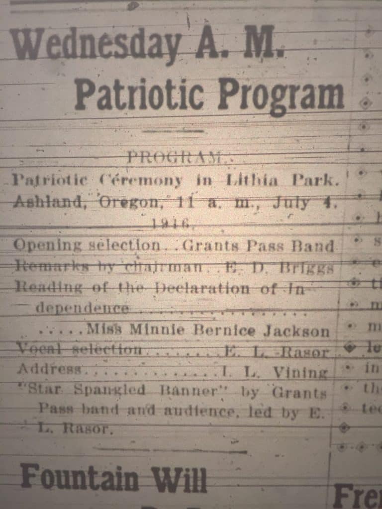 1916 4th of July - Ashland Tidings 7-3-1916 Patriotic program for July 4 in Lithia Park