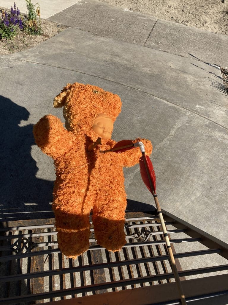 Recology Ashland/SOU "artist in residency" program, turning "trash" into art. Detail of piece by artist Cameron Daniel Whiting. Title: Orange Bear.