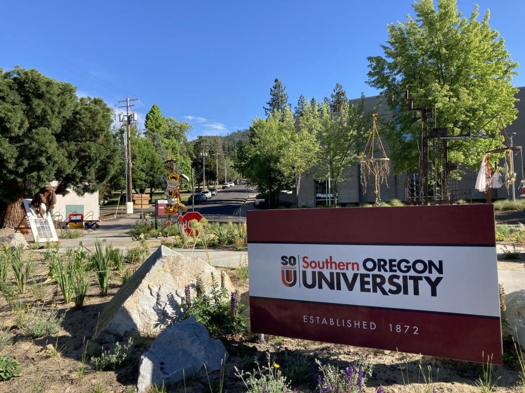 Recology Ashland/SOU "artist in residency" program, turning "trash" into art. Overview of the sculpture garden site.