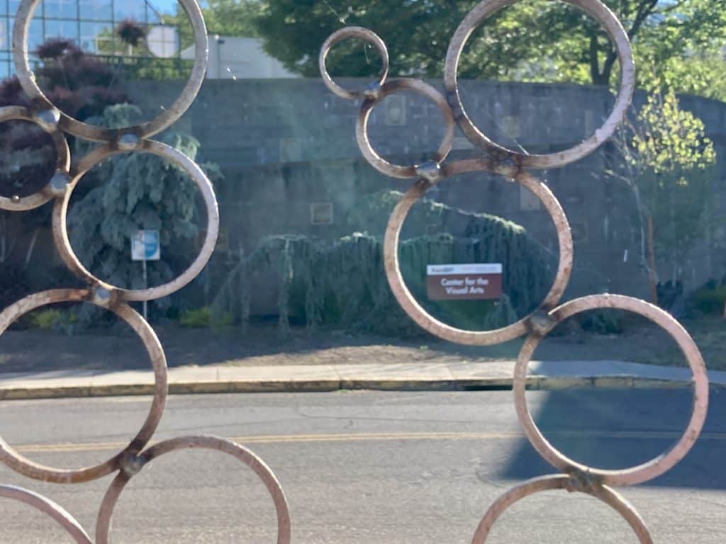 Recology Ashland/SOU "artist in residency" program, turning "trash" into art. Artist: Mel Villarreal. Title: Passing Time, Shifting Perspectives.