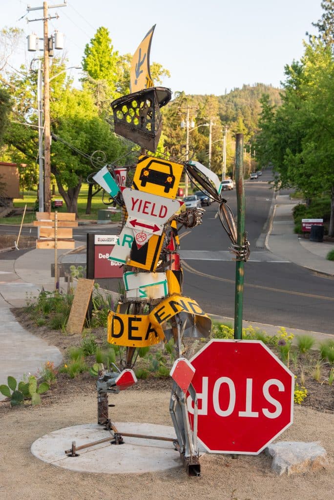 Recology Ashland/SOU "artist in residency" program, turning "trash" into art. Artist: Carli Lamberto. Title: ROADKiLL. (photo by Chella Foster Flynn)