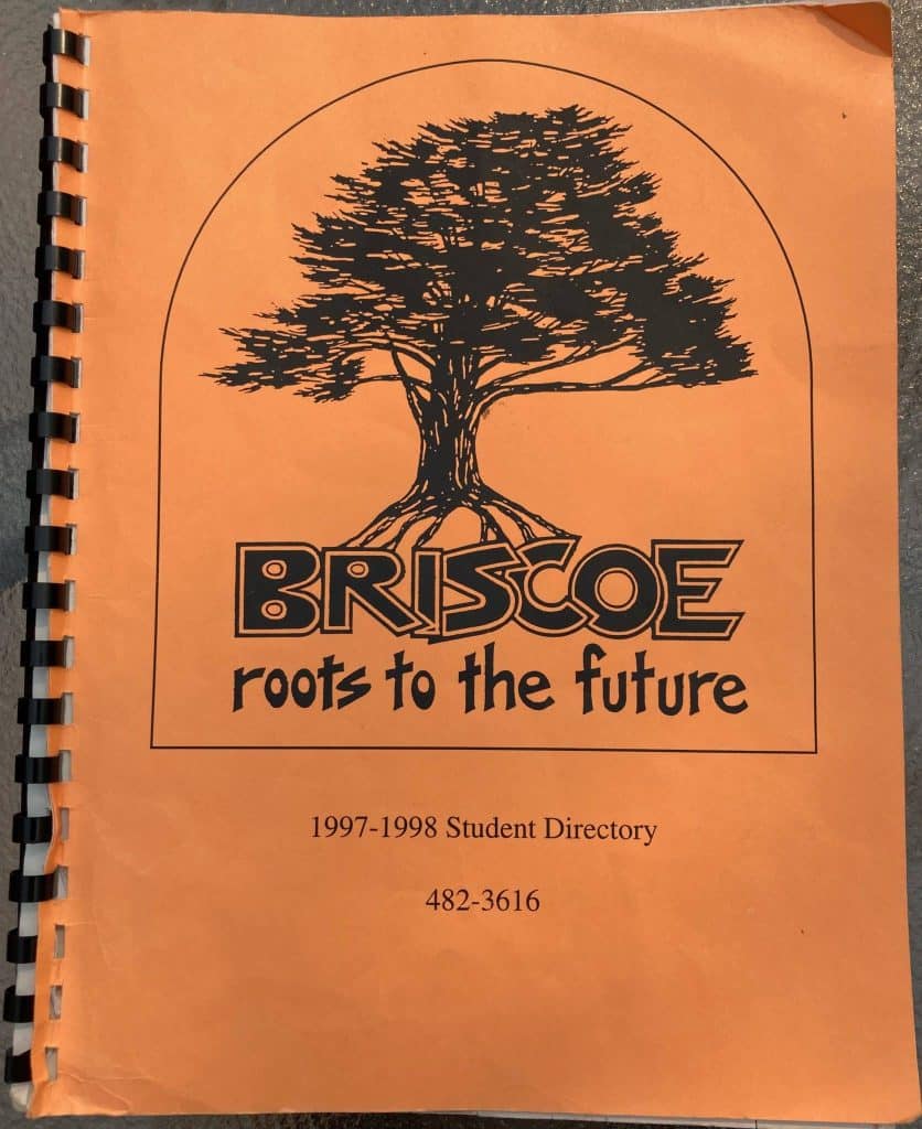 Briscoe School 1997-1998 student directory, with Monterey cypress tree on the cover.