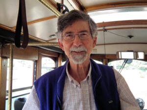 Peter Finkle leading the Trolley Tour on the 150th anniversary of First Presbyterian Church.