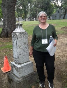 Cathy Carl, during the Trolley Tour on the 150th anniversary of First Presbyterian Church. At Ashland Cemetery.