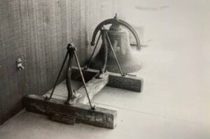 The original First Presbyterian Church bell, from 1879. Photo probably in 1968.
