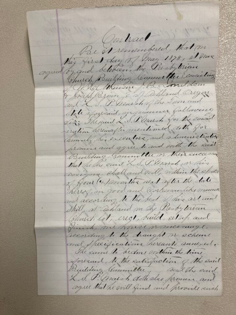 1878 contract for L.S.P. Marsh to build the First Presbyterian Church building at the corner of North Main and Helman streets, page 1.
