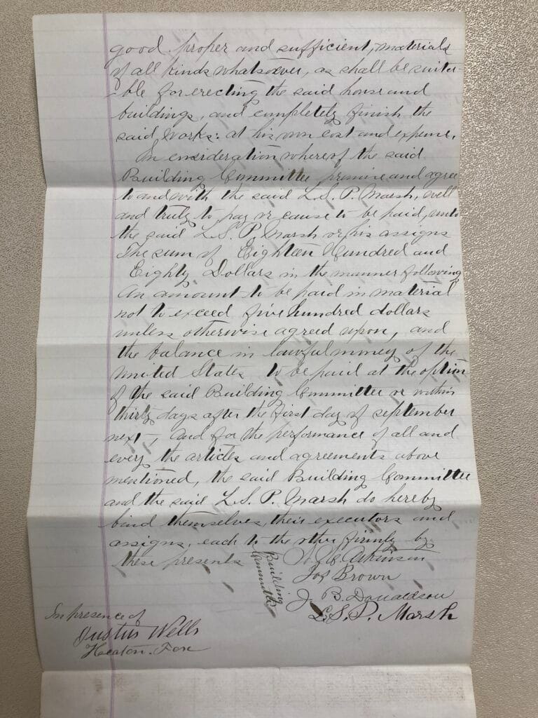 1878 contract for L.S.P. Marsh to build the First Presbyterian Church building at the corner of North Main and Helman streets, page 2.