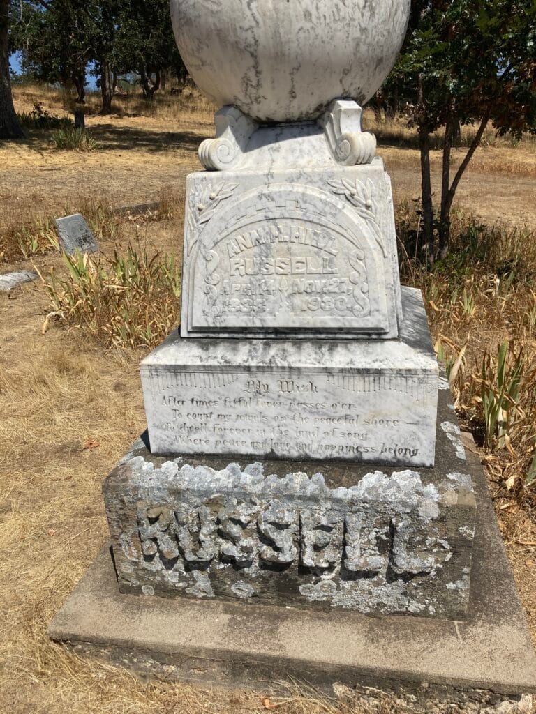Ann Hill Russell's grave marker in 2025, at the Hill-Dunn Cemetery, by Emigrant Lake.