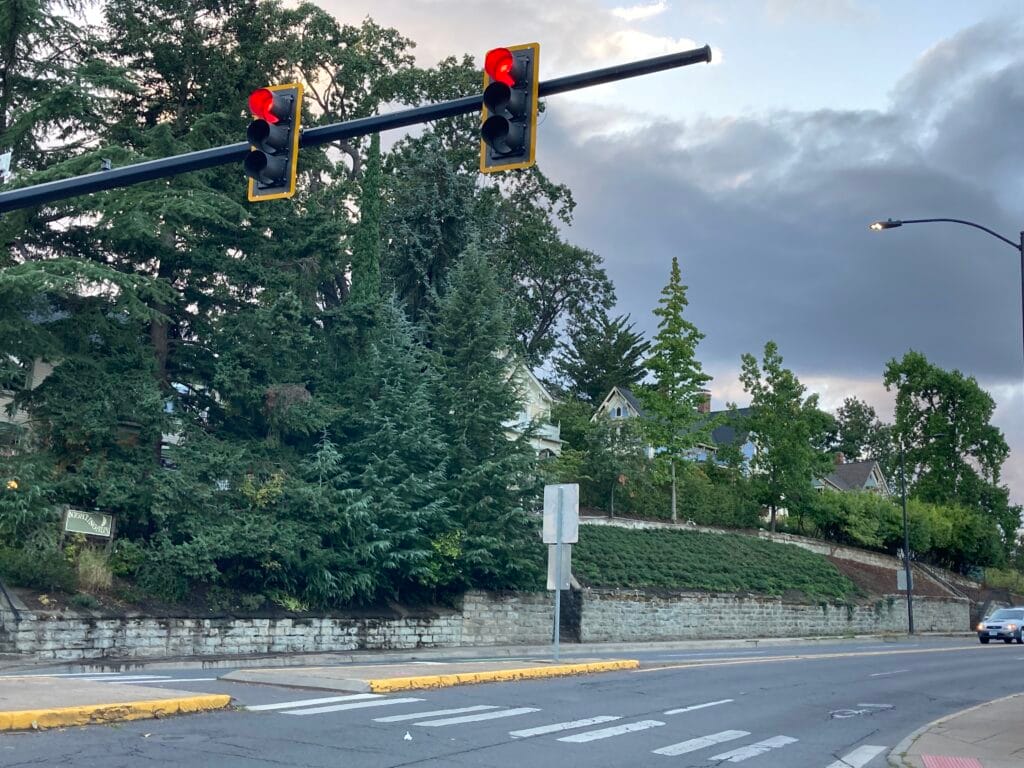 Here is the same view in 2025. Ann Hill Russell's house at 117 North Main Street is on the left, hidden behind the trees.