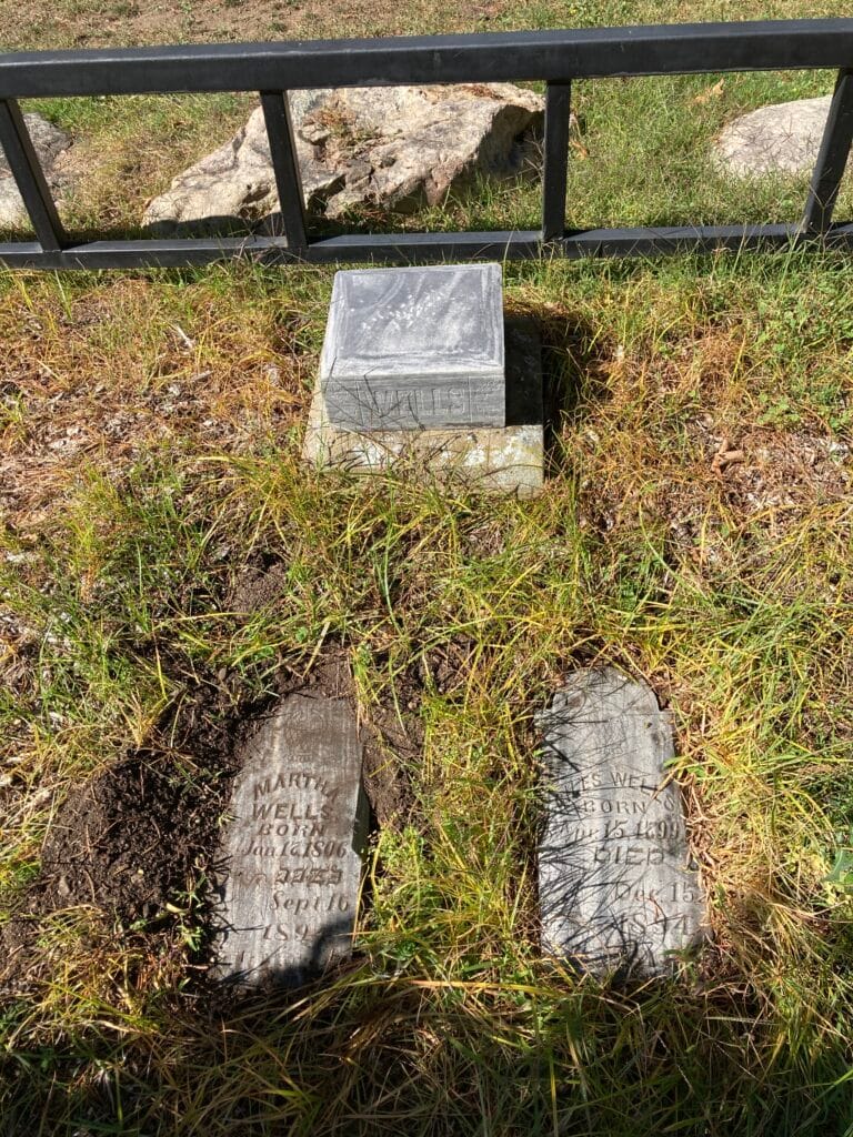 Wells family cemetery at Oak Knoll Golf Course. Giles Wells and Martha Wells grave markers.