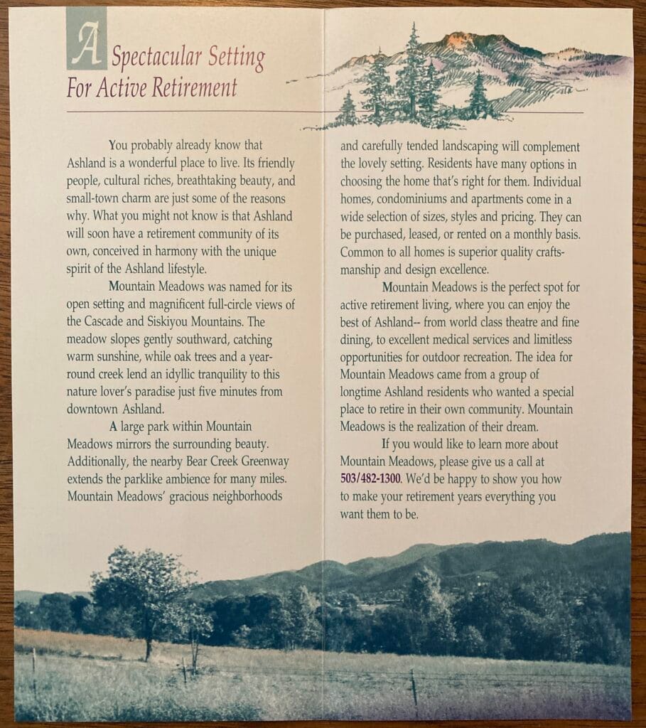 First brochure, before building began: from "History of Mountain Meadows,"