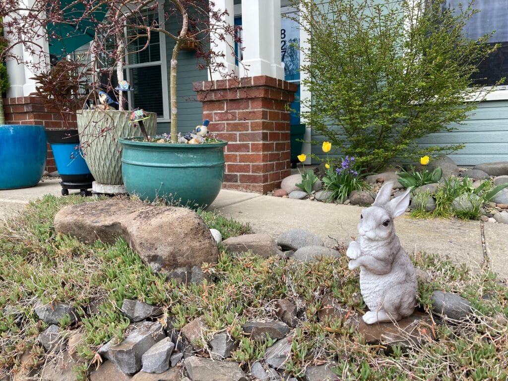Whimsical yard art rabbit.