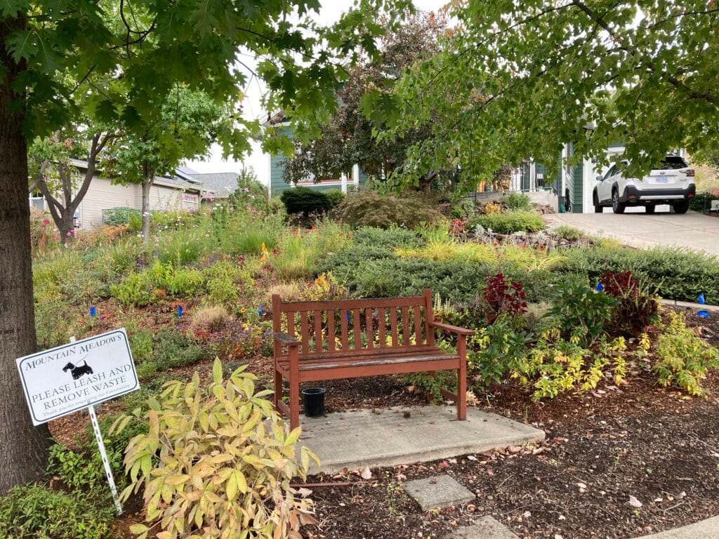 Bench at the last house on River Rock Road, where it meets Creek Stone Way.