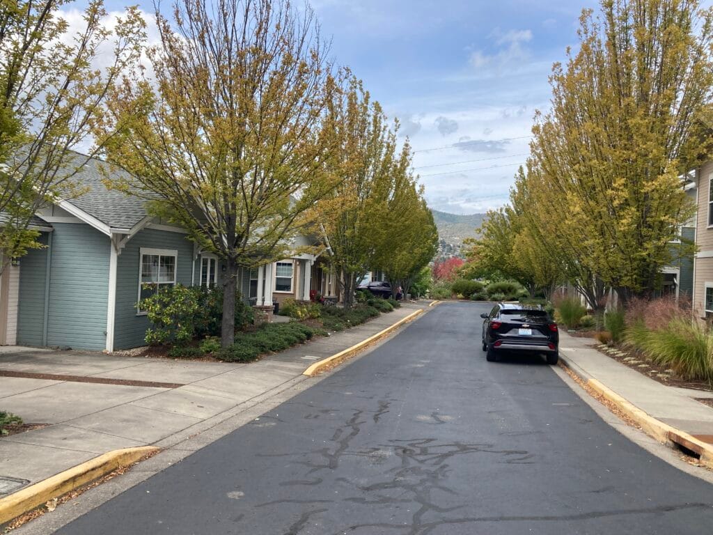 An October view of Cobblestone Court, a one-block street.