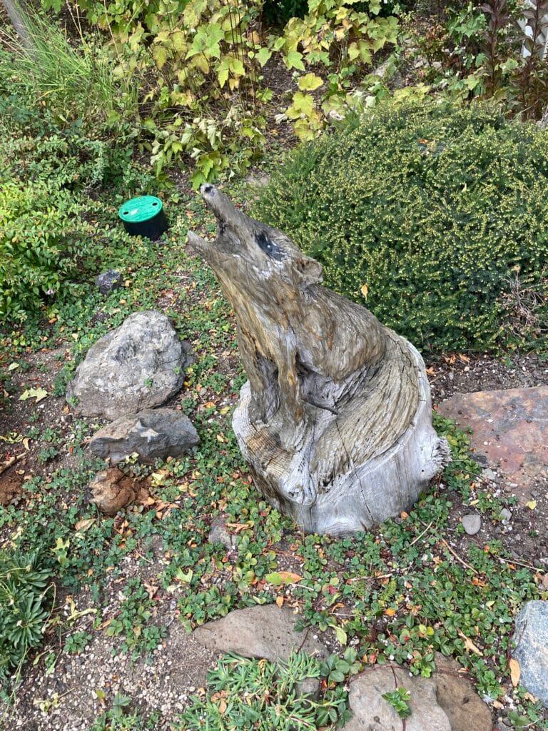 Yard art wood sculpture on Mountain Meadows Drive.