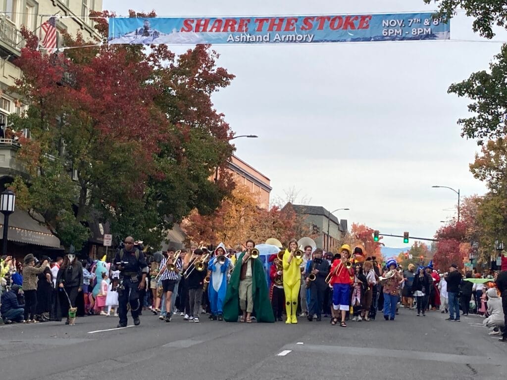 Ashland Middle School and Ashland High School band members lead the 2025 Halloween parade.