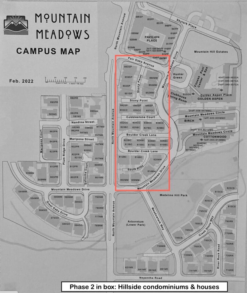 Map showing Mountain Meadows Phase 2 in box: Hillside condominiums and houses.