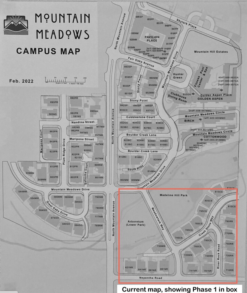 Current map of Mountain Meadows, with Phase 1 in box.