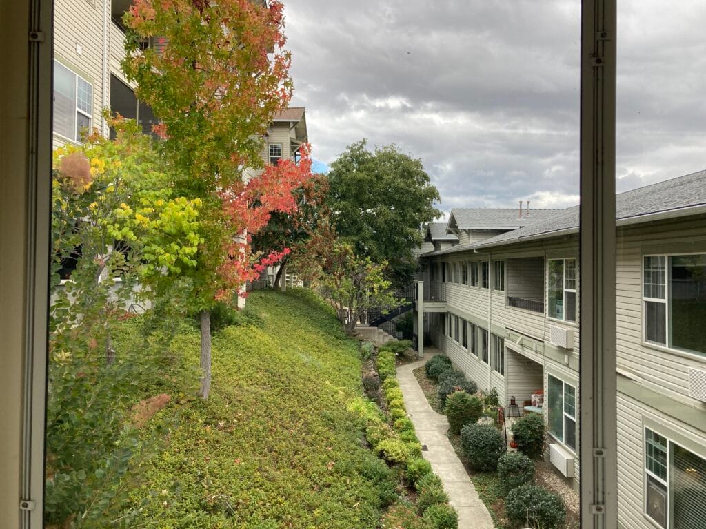 This photo is taken from the walkway that connects the Birch and Golden Aspen condominium buildings.