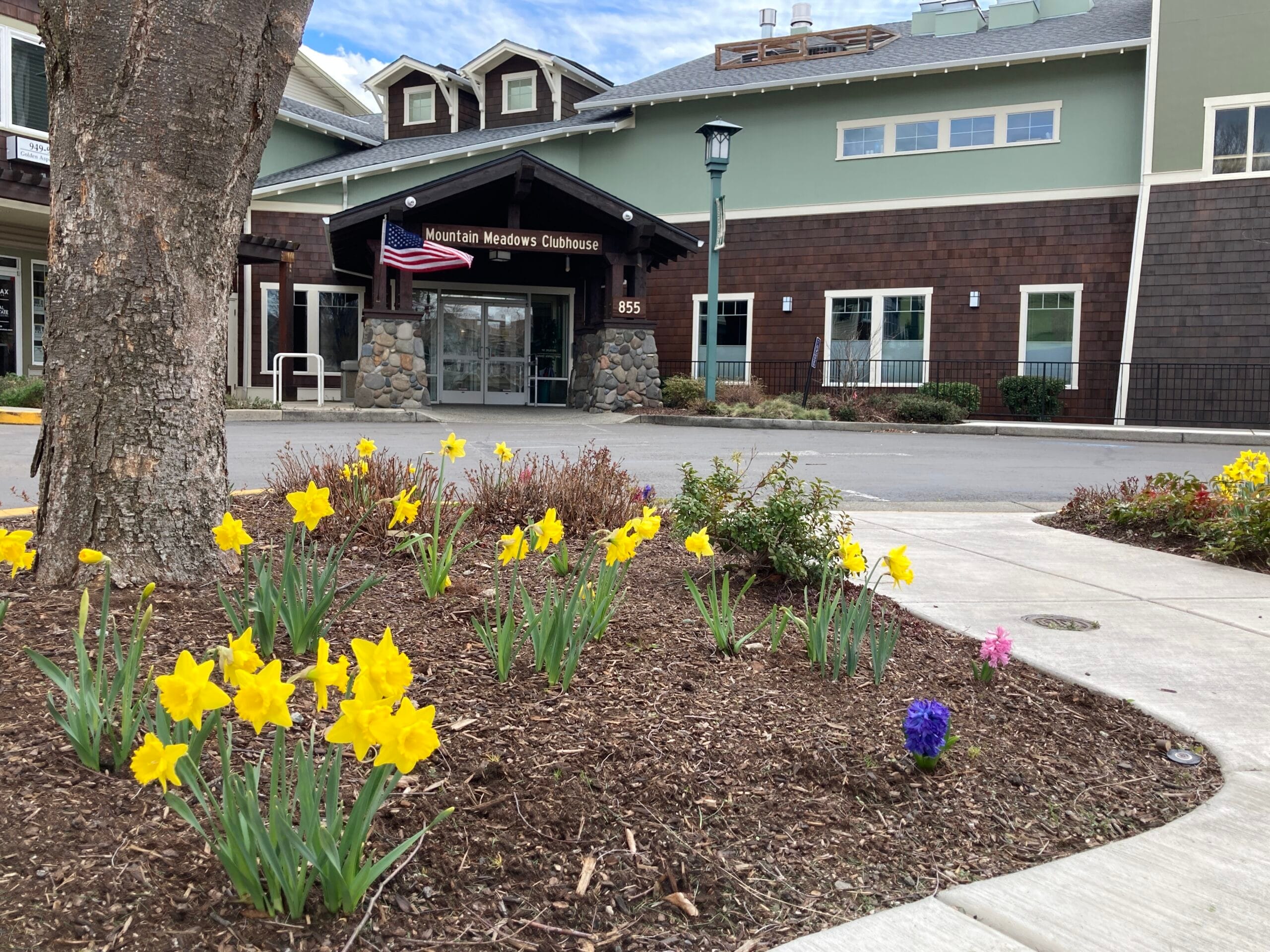 The Mountain Meadows Clubhouse main entrance in April 2023.