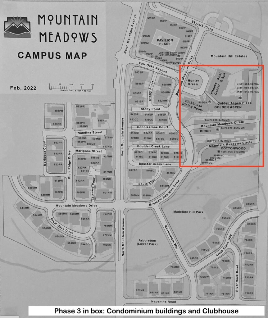Mountain Meadows retirement community map, with Phase 3 in box: Cottonwood, Birch and Golden Aspen condominiums and the Clubhouse.