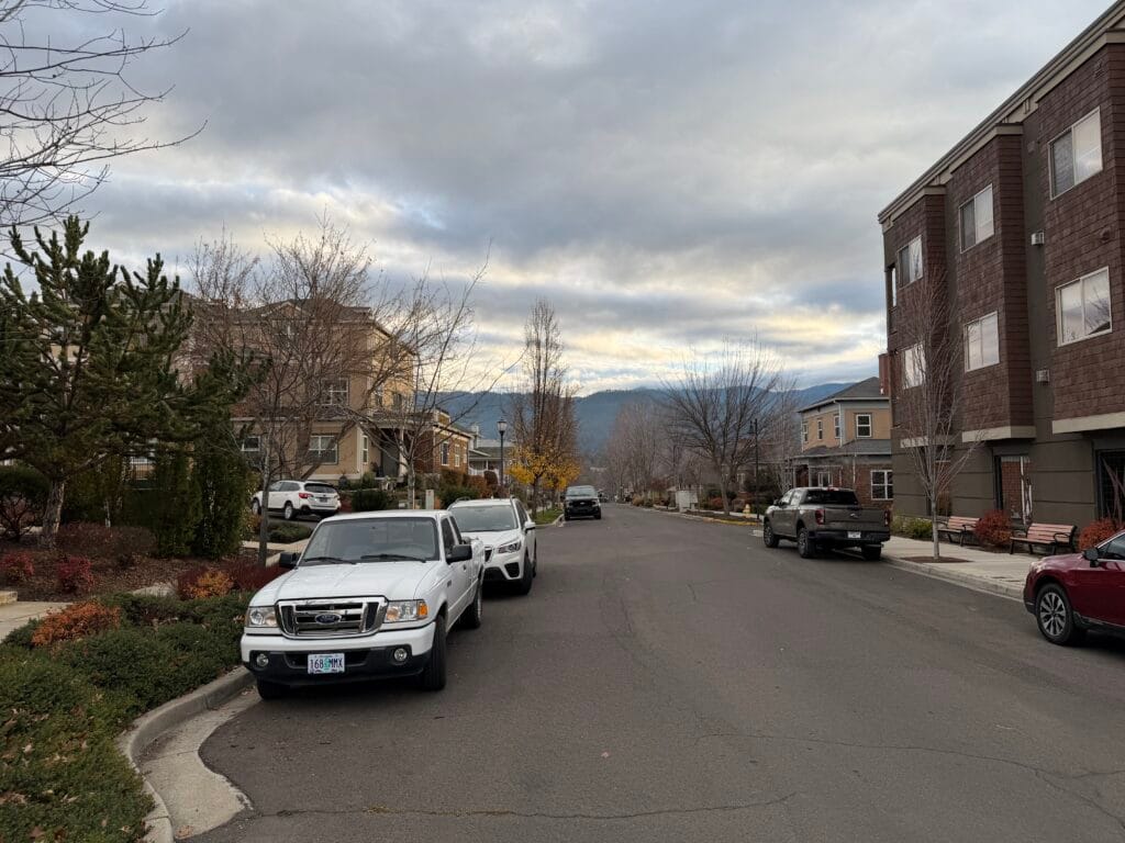 Looking south on Plum Ridge Drive from outside of Mountain Meadows (the Julian Square area), by Fair Oaks Avenue.