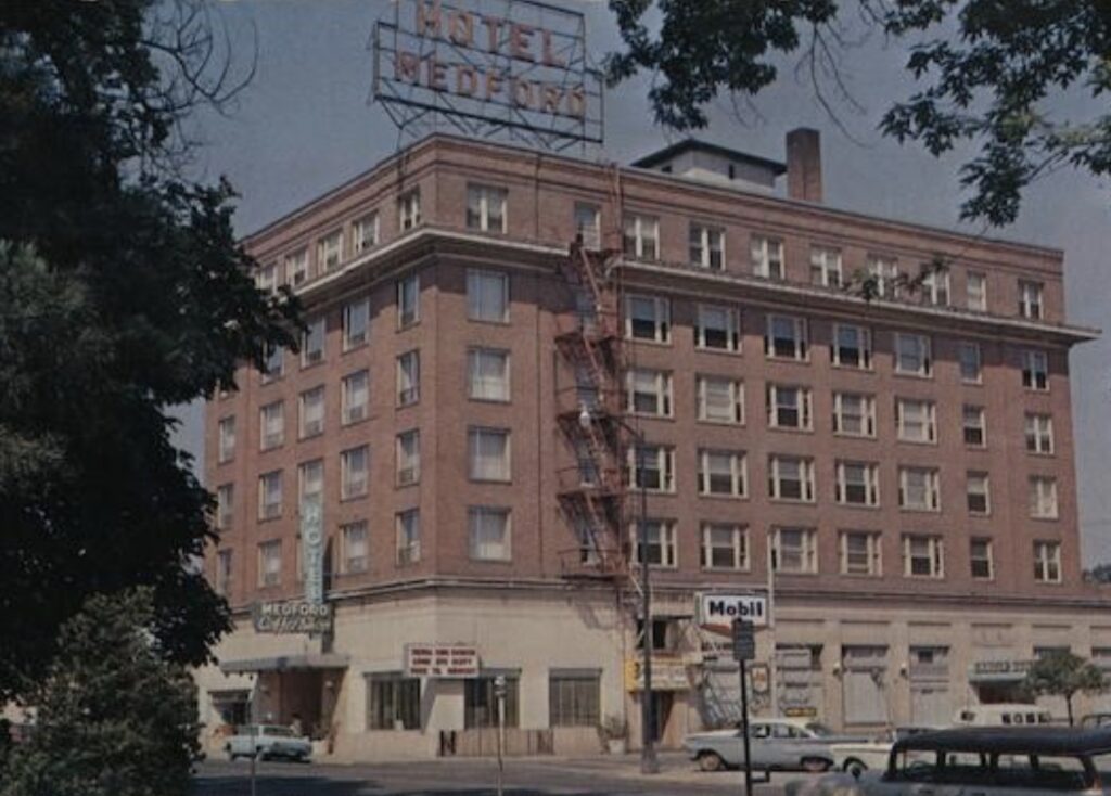 Hotel Medford, 1960s photo, Senator John Kennedy stayed here overnight March 6, 1959.