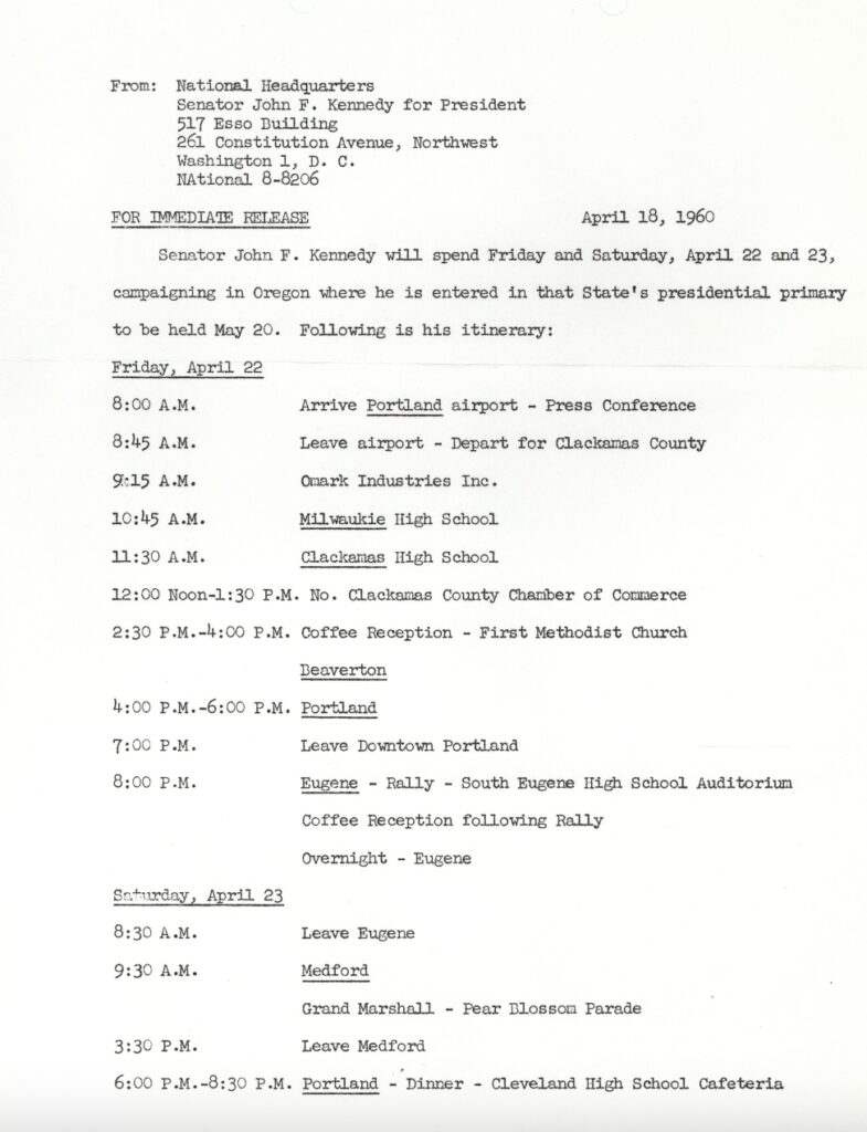 Senator John Kennedy itinerary in Oregon, April 22 and 23, 1960. (from JFK Library website)