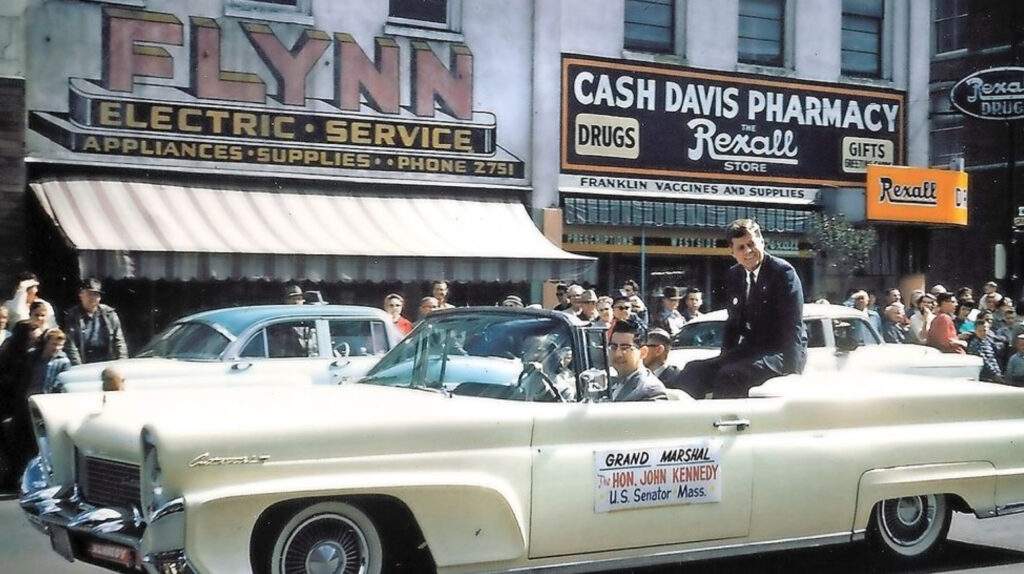 Senator John Kennedy, Grand Marshal of Medford Pear Blossom Parade, April 23, 1960. Wally Watkins driving.