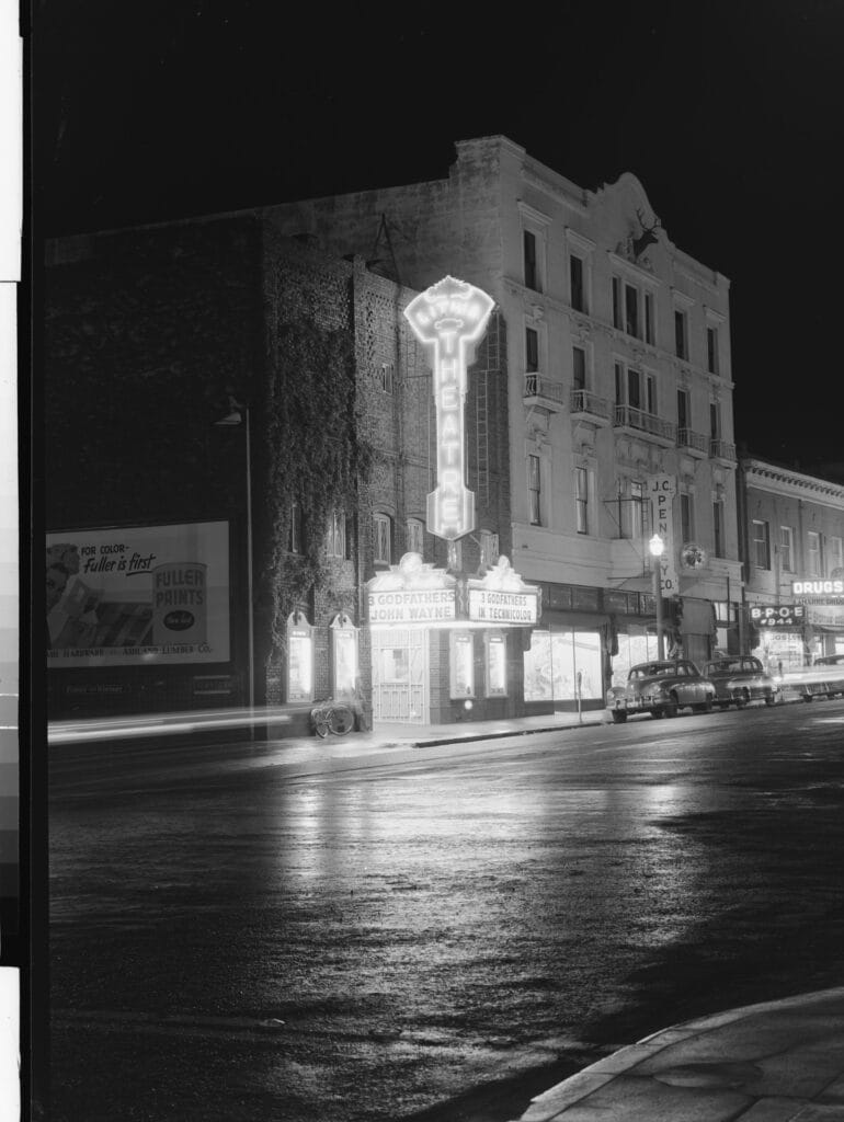Lithia Theatre, Elks Lodge and J.C. Penney store on East Main Street, 1949.