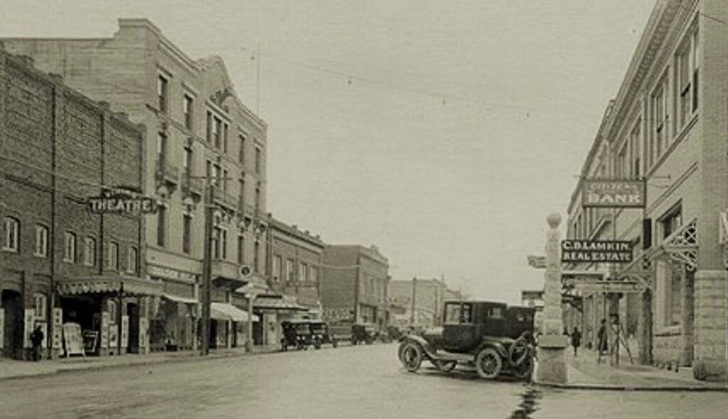Vining Theatre and Elks Lodge on left. East Main Street in the 1920s (probably)