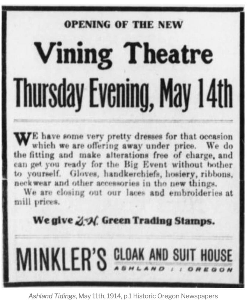 Minkler's Cloak and Suit House ad on May 11, 1914. (Ashland Tidings, May 11, 1914)