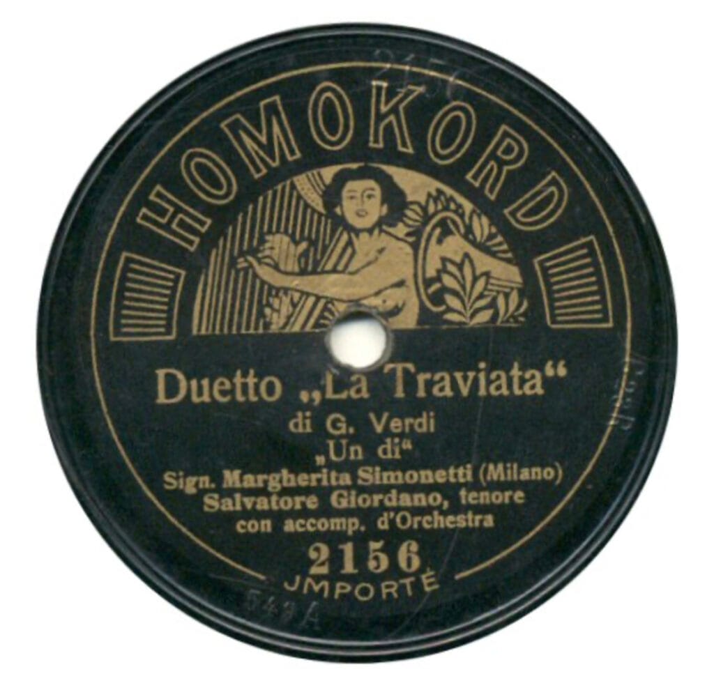 78 rpm record song label for a Salvatore Giordano duet from the opera "La Traviata."