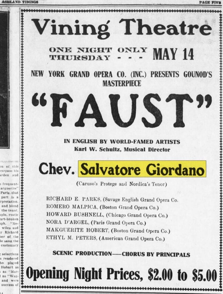 Ad for Vining Theatre opening night performance of "Faust." (Ashland Tidings, May 11, 1914)