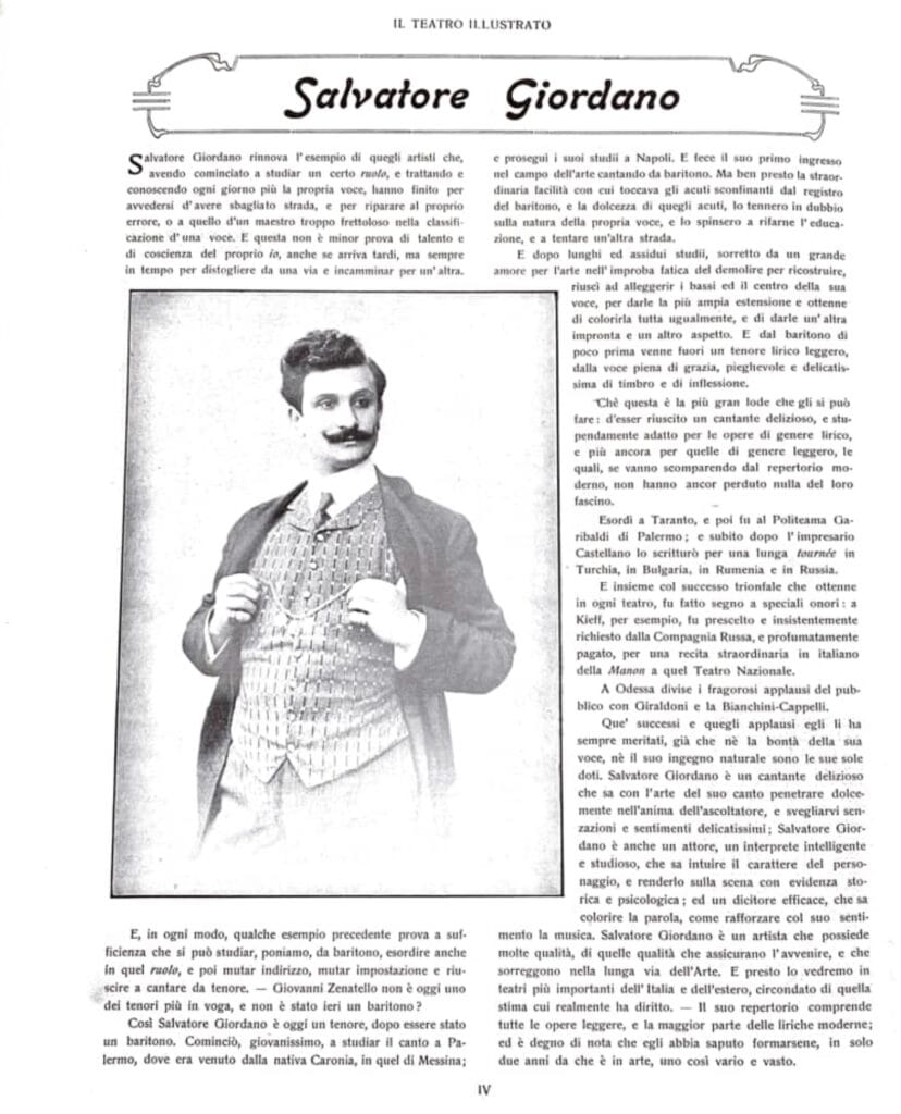 Salvatore Giordano as a younger man. Article from Il Teatro Illustrato magazine, September 1, 1908.