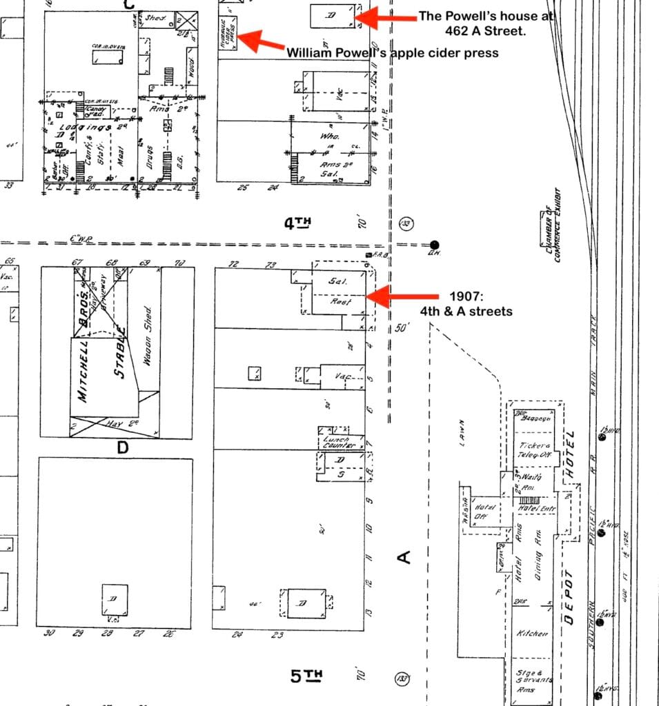 1907 Sanborn map shows William Powell's house, cider press and store.
