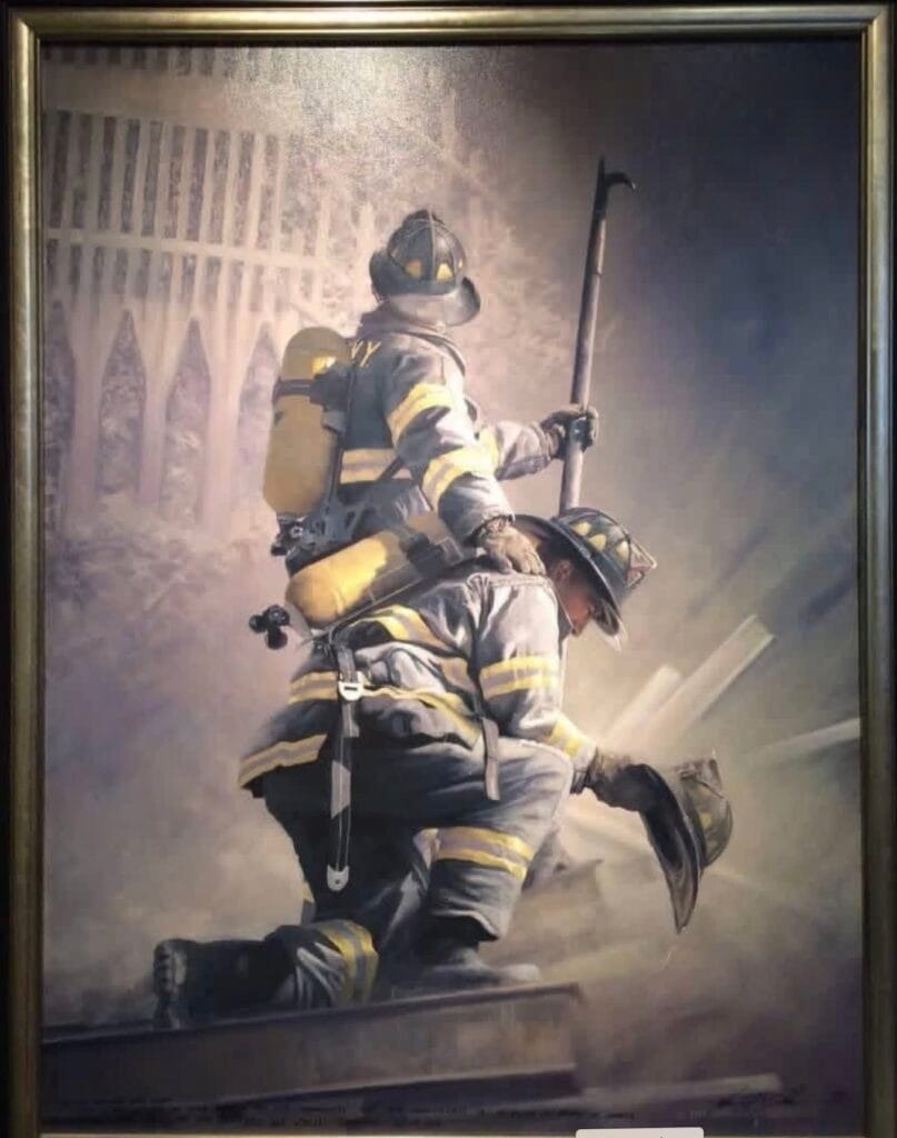 This painting by artist and former Ashland firefighter William S. Phillips is called "A Prayer for My Brother." Phillips donated the painting to Ashland Fire & Rescue on September 11, 2026.