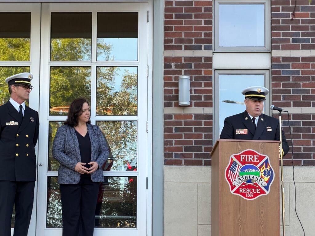 Fire Chief Marshall Rasor spoke. Mayor Tonya Graham and Forestry Division Chief Chris Chambers are on the left of the photo