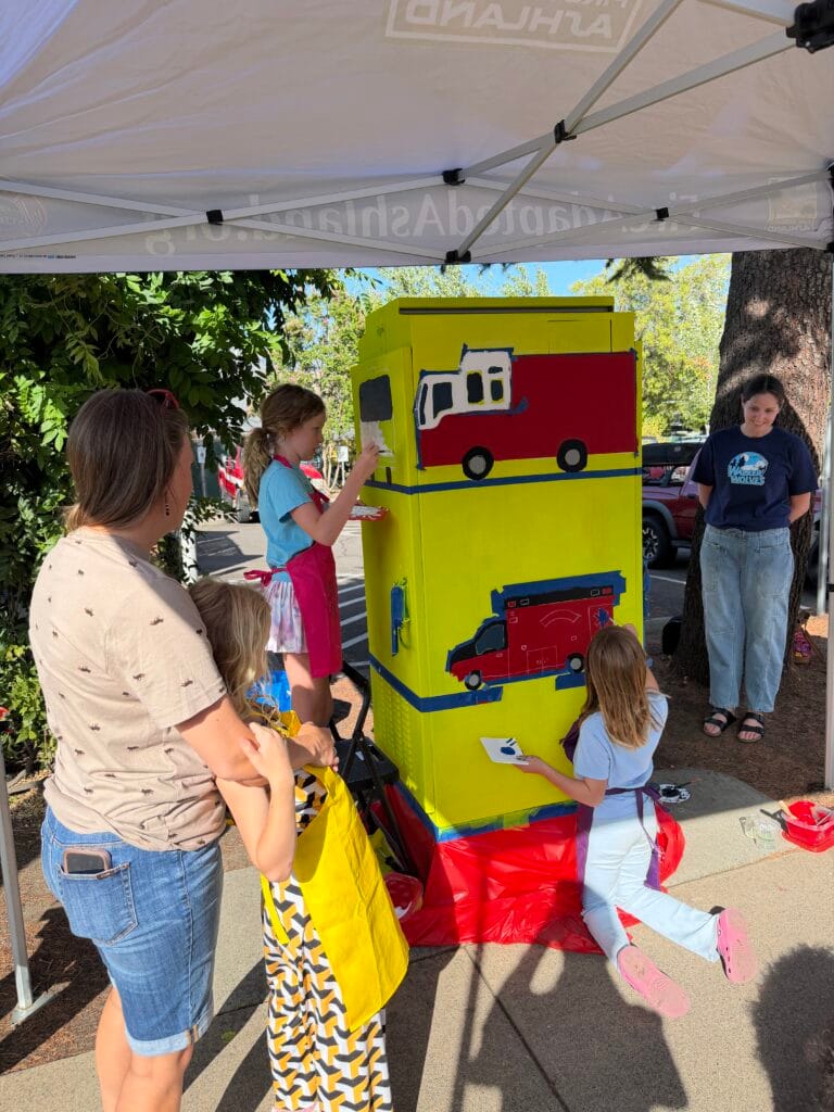 Youth busy painting the traffic signal box: "Fire Engine and Ambulance," during the first day of painting.