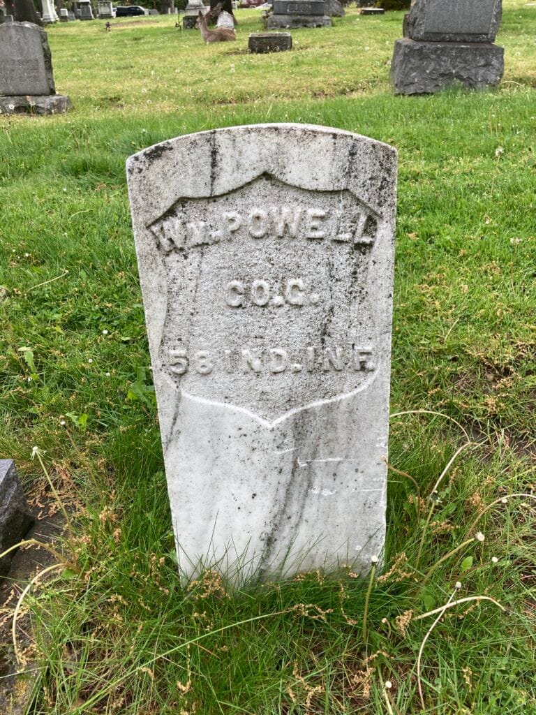 William Powell's grave marker at Ashland Cemetery, showing his Civil War service. Born 1837, died 1913.