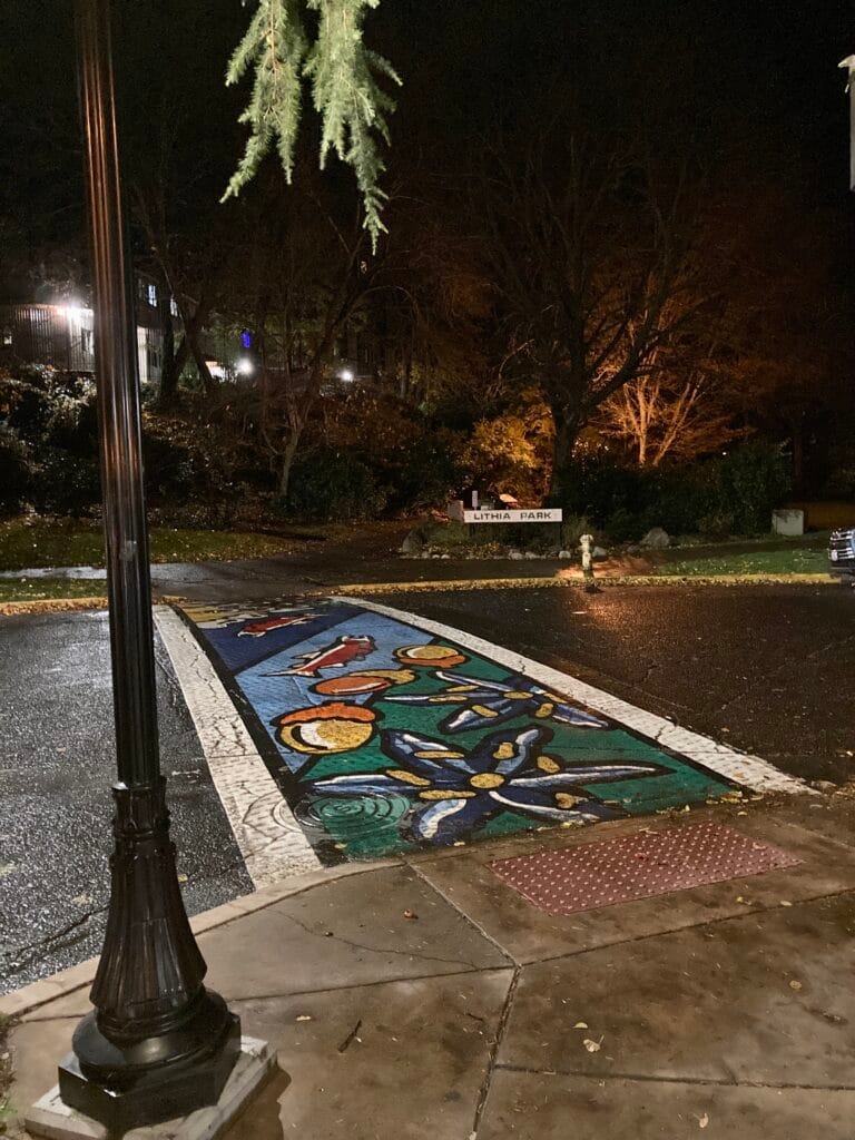 I like the way "Walking Upstream," the public art crosswalk designed by Glory Nylander, looks under lights at night after a rain.